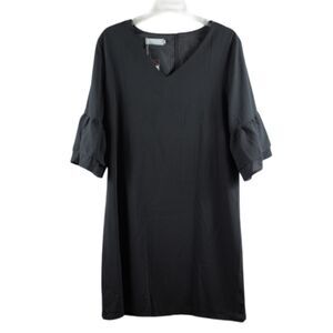 Belongsci Black Women's Shift Dress Bell Sleeve V Neck Large 028